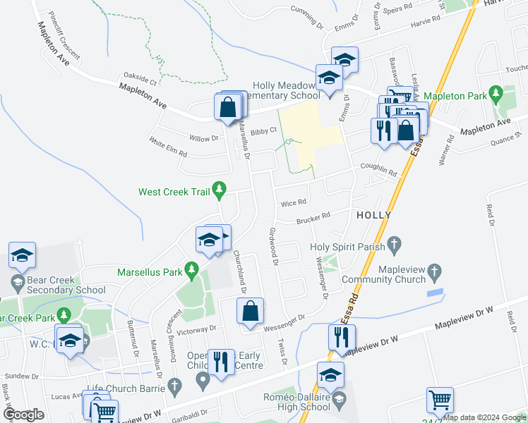 map of restaurants, bars, coffee shops, grocery stores, and more near 55 Marsellus Drive in Barrie