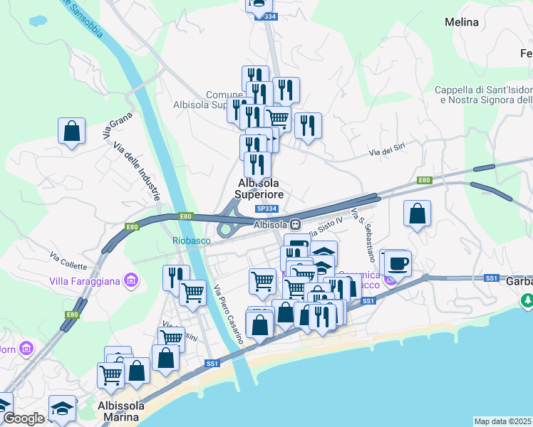 map of restaurants, bars, coffee shops, grocery stores, and more near 118 Via San Pietro in Albisola Superiore