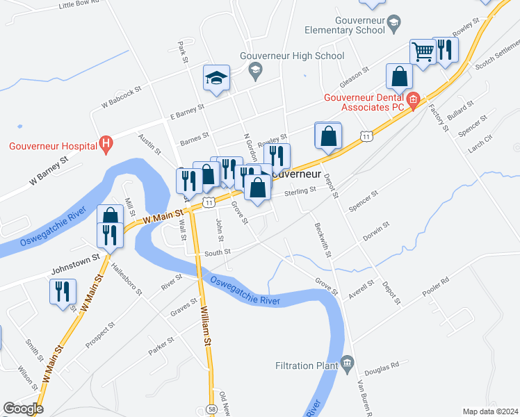 map of restaurants, bars, coffee shops, grocery stores, and more near 23 Dodge Place in Gouverneur