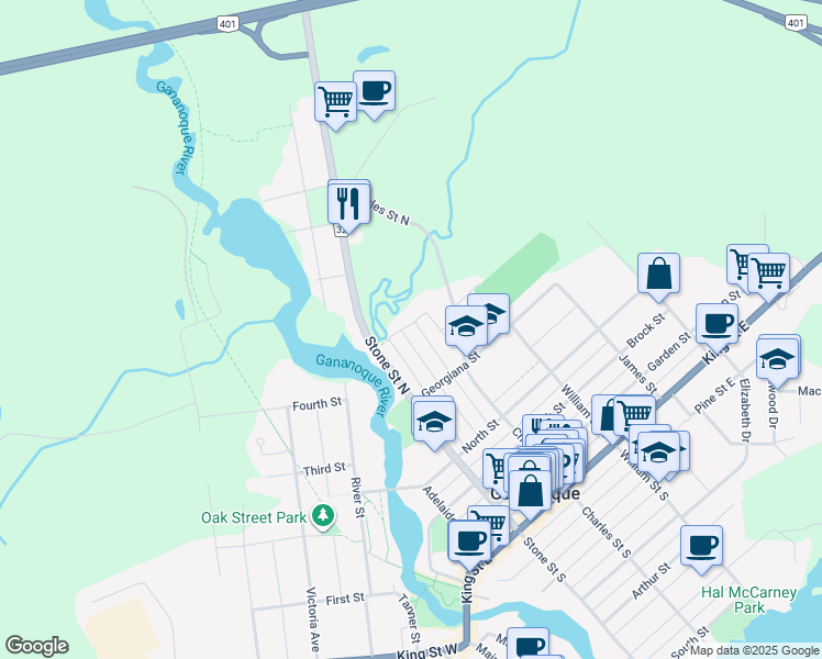 map of restaurants, bars, coffee shops, grocery stores, and more near 489 Henrietta Street in Gananoque