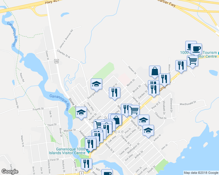 map of restaurants, bars, coffee shops, grocery stores, and more near 316 Forsyth Street in Gananoque