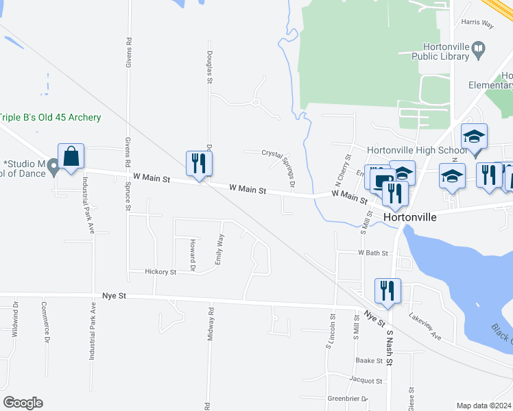 map of restaurants, bars, coffee shops, grocery stores, and more near 744 West Main Street in Hortonville