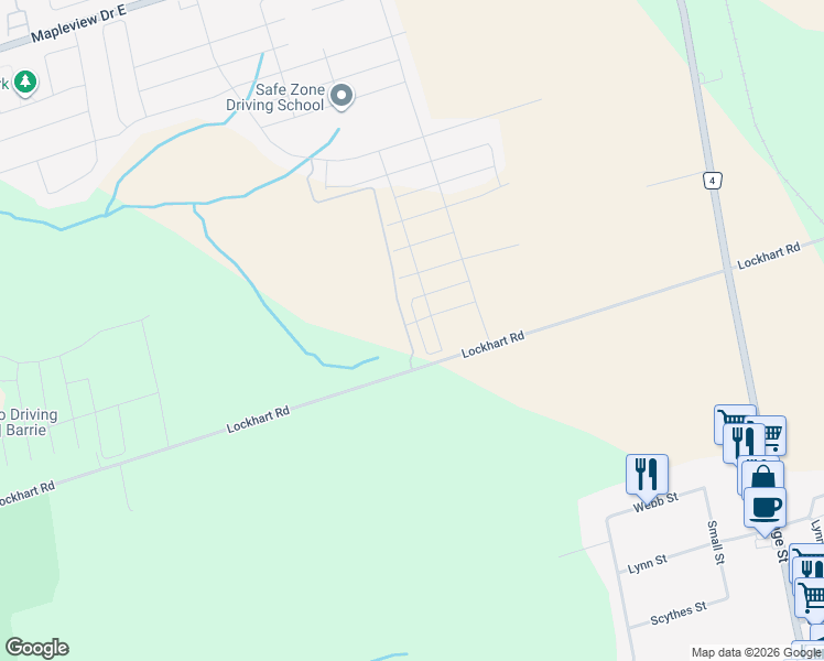 map of restaurants, bars, coffee shops, grocery stores, and more near 72 Vinewood Crescent in Barrie