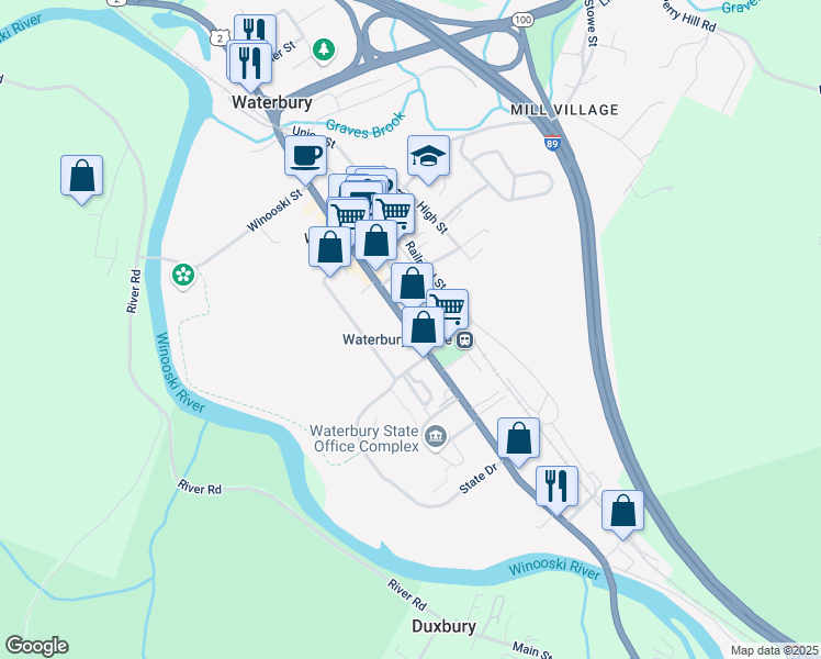 map of restaurants, bars, coffee shops, grocery stores, and more near 61 South Main Street in Waterbury Village Historic District