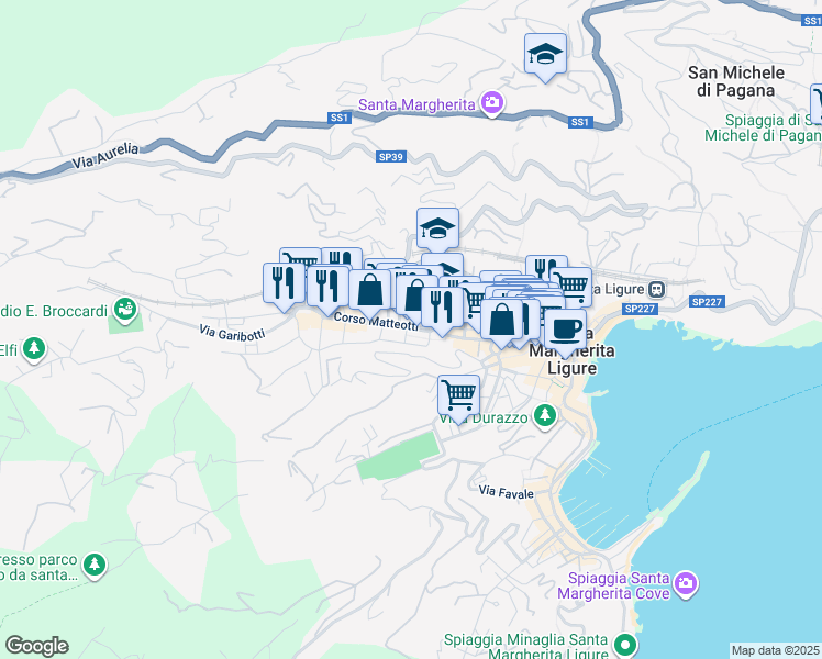map of restaurants, bars, coffee shops, grocery stores, and more near 68 Corso Matteotti in Santa Margherita Ligure