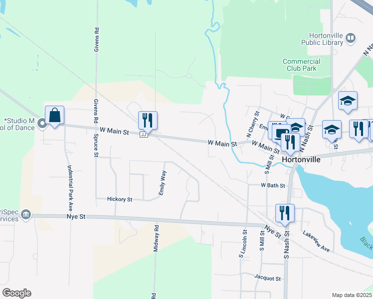 map of restaurants, bars, coffee shops, grocery stores, and more near 768 West Main Street in Hortonville