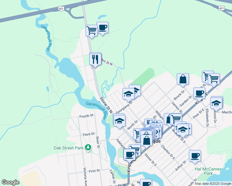 map of restaurants, bars, coffee shops, grocery stores, and more near 489 Henrietta Street in Gananoque
