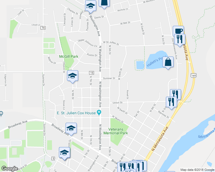 map of restaurants, bars, coffee shops, grocery stores, and more near 802 North 5th Street in Saint Peter