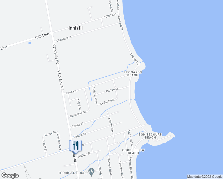 map of restaurants, bars, coffee shops, grocery stores, and more near 670 Burton Drive in Innisfil