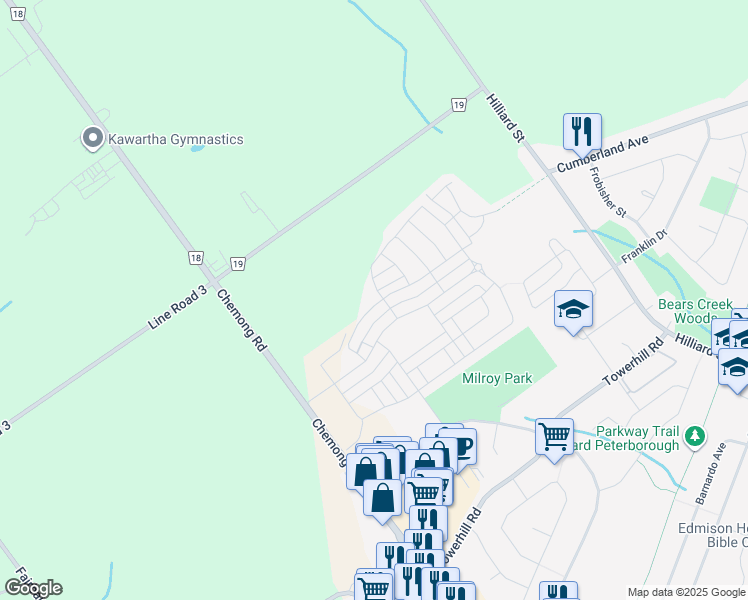 map of restaurants, bars, coffee shops, grocery stores, and more near 1054 Rippingale Trail in Peterborough