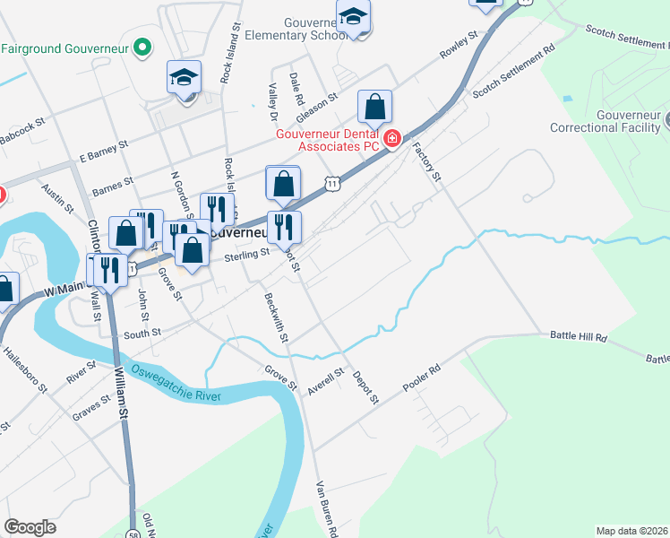 map of restaurants, bars, coffee shops, grocery stores, and more near 32 Spencer Street in Gouverneur