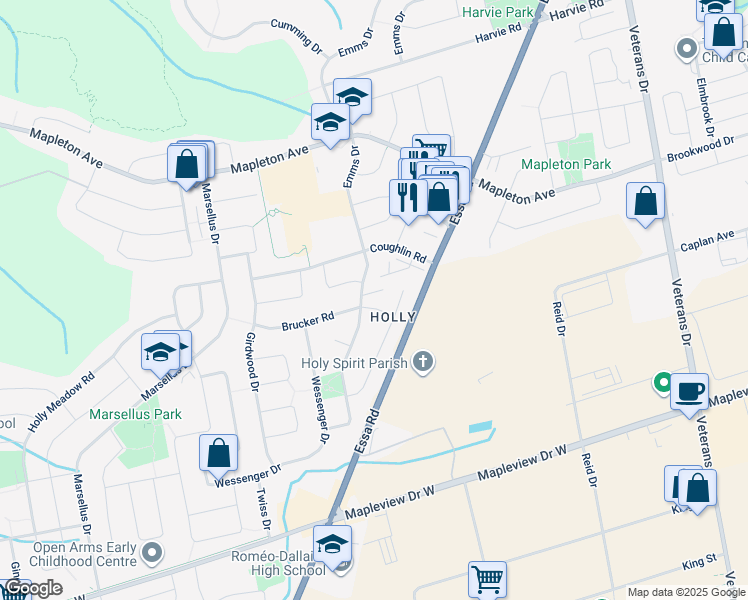 map of restaurants, bars, coffee shops, grocery stores, and more near 320 Emms Drive in Barrie