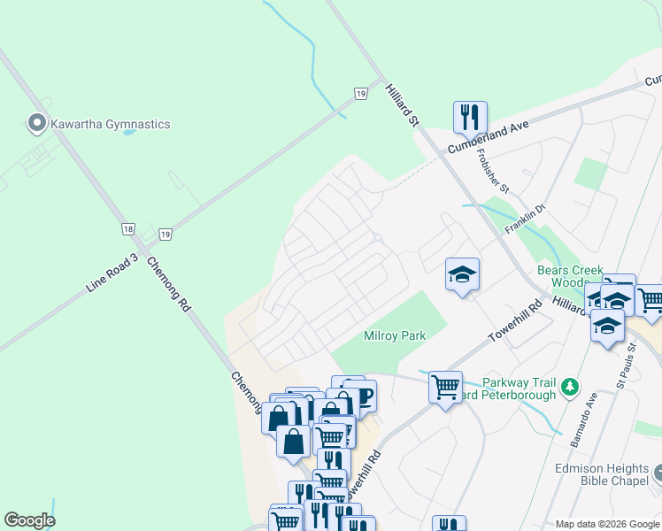 map of restaurants, bars, coffee shops, grocery stores, and more near 905 Broadway Boulevard in Peterborough