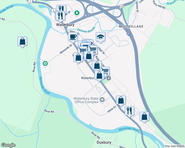 map of restaurants, bars, coffee shops, grocery stores, and more near 61 South Main Street in Waterbury