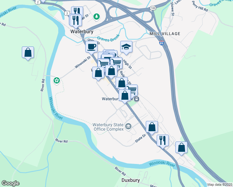 map of restaurants, bars, coffee shops, grocery stores, and more near 61 South Main Street in Waterbury
