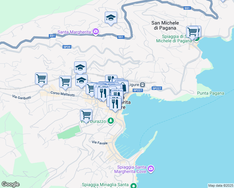 map of restaurants, bars, coffee shops, grocery stores, and more near 33 Via dell'Arco in Santa Margherita Ligure