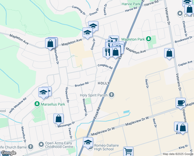map of restaurants, bars, coffee shops, grocery stores, and more near in Barrie