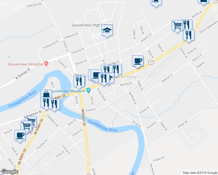 map of restaurants, bars, coffee shops, grocery stores, and more near 20 South Gordon Street in Gouverneur