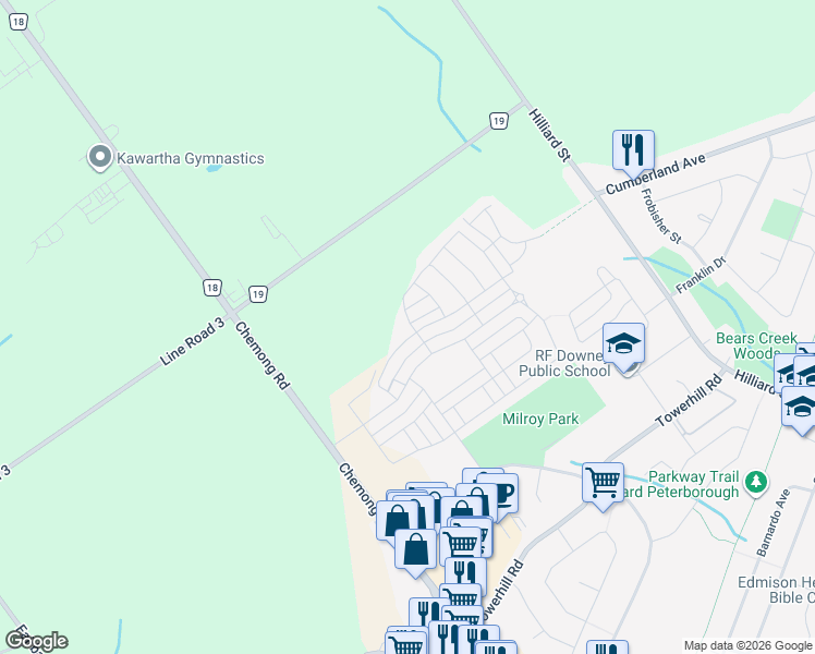 map of restaurants, bars, coffee shops, grocery stores, and more near 302 Cullen Trail in Peterborough