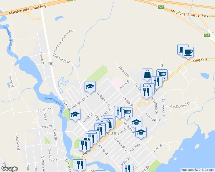 map of restaurants, bars, coffee shops, grocery stores, and more near 366 Forsyth Street in Gananoque