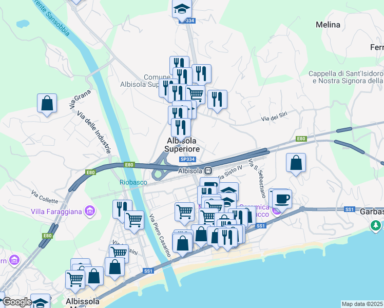 map of restaurants, bars, coffee shops, grocery stores, and more near 118 Via San Pietro in Albisola Superiore