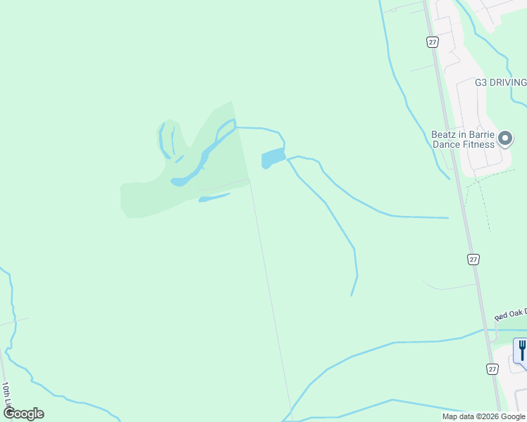 map of restaurants, bars, coffee shops, grocery stores, and more near 8381 11th Line in Thornton