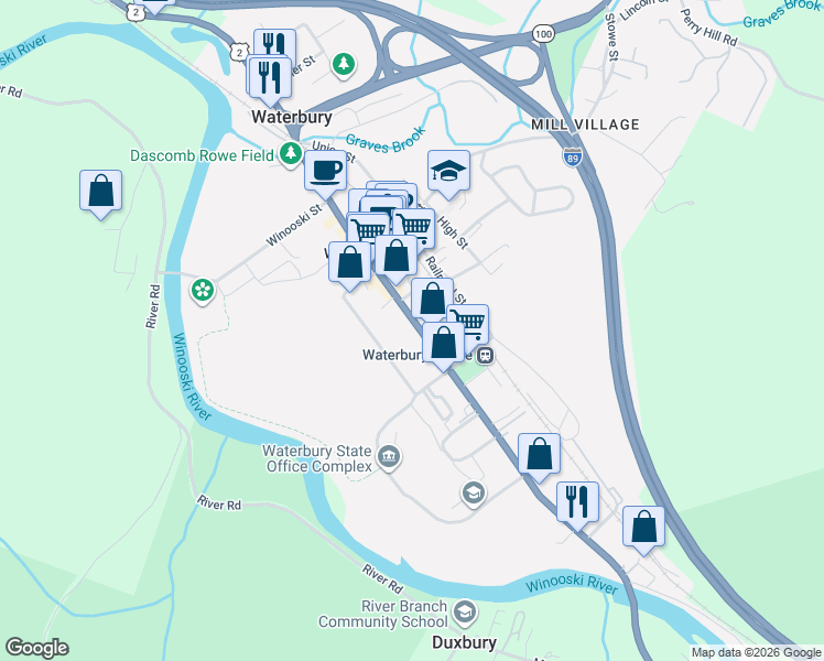 map of restaurants, bars, coffee shops, grocery stores, and more near 61 South Main Street in Waterbury Village Historic District