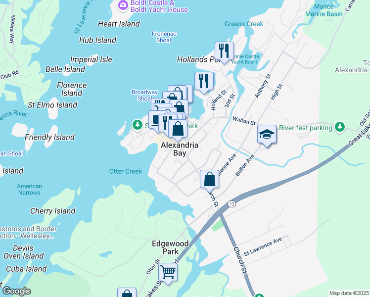 map of restaurants, bars, coffee shops, grocery stores, and more near in Alexandria Bay