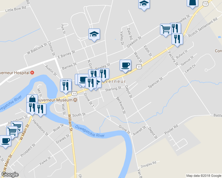 map of restaurants, bars, coffee shops, grocery stores, and more near Beckwith Street & Sterling Street in Gouverneur