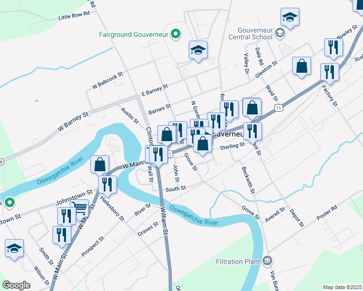 map of restaurants, bars, coffee shops, grocery stores, and more near 76-114 Grove Saint 1 in Gouverneur