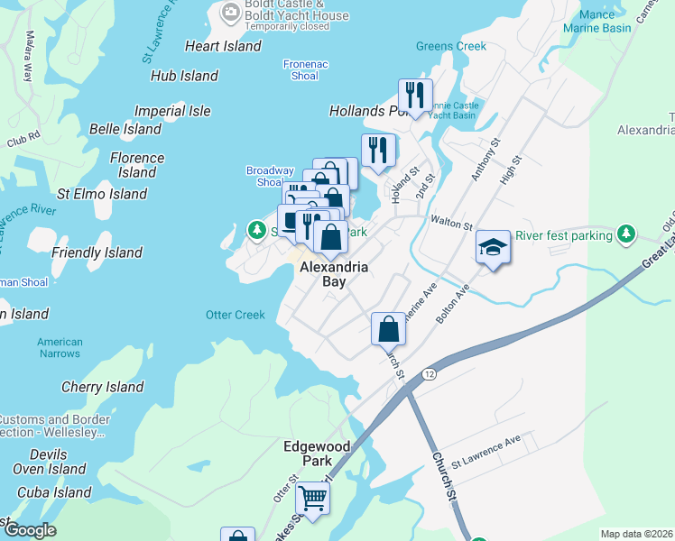 map of restaurants, bars, coffee shops, grocery stores, and more near in Alexandria Bay