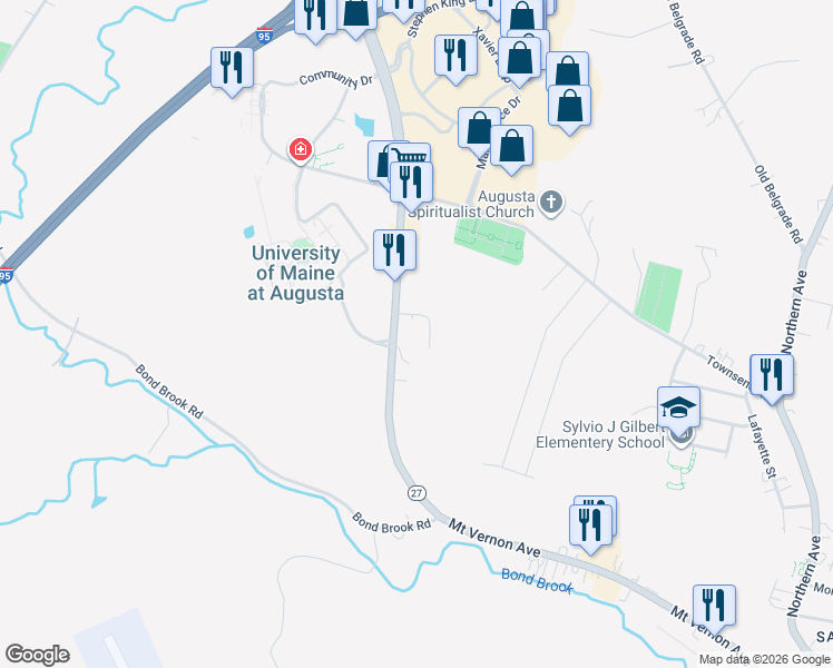 map of restaurants, bars, coffee shops, grocery stores, and more near 85 Civic Center Drive in Augusta