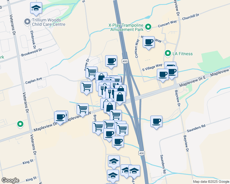 map of restaurants, bars, coffee shops, grocery stores, and more near 75 Barrie View Drive in Barrie