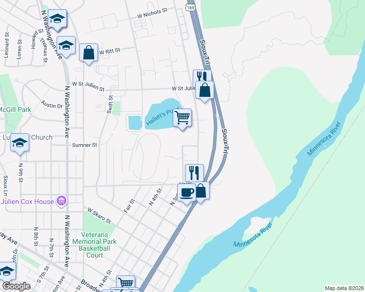 map of restaurants, bars, coffee shops, grocery stores, and more near North 3rd Street in Saint Peter