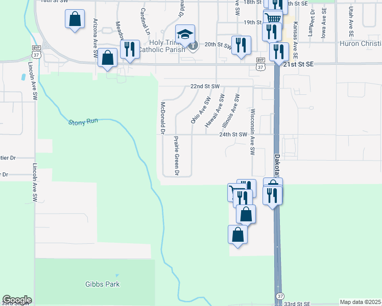 map of restaurants, bars, coffee shops, grocery stores, and more near Prairie Eagle Circle in Huron