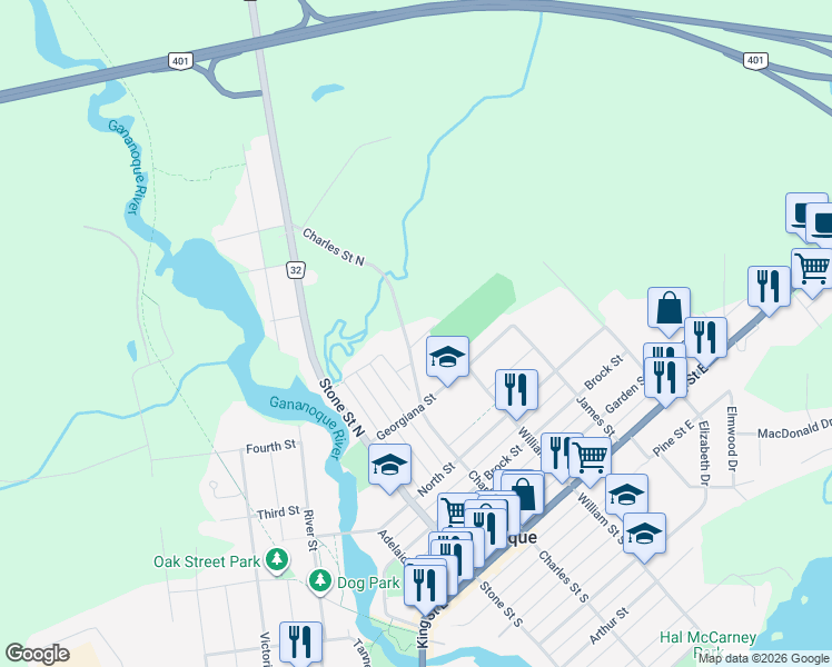 map of restaurants, bars, coffee shops, grocery stores, and more near 620 Charles Street North in Gananoque