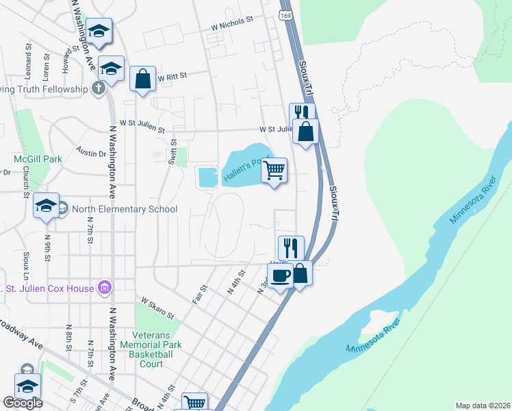 map of restaurants, bars, coffee shops, grocery stores, and more near N 3rd St in St Peter