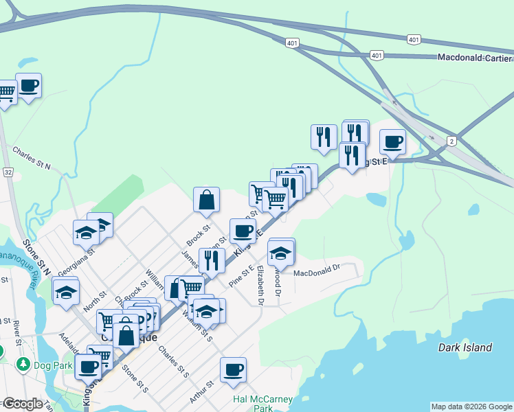 map of restaurants, bars, coffee shops, grocery stores, and more near 540 Talbot Place in Gananoque
