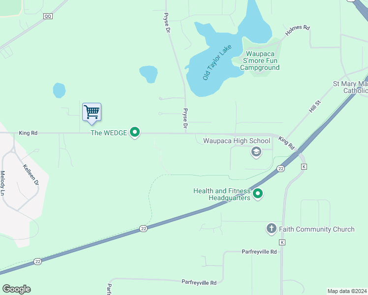 map of restaurants, bars, coffee shops, grocery stores, and more near E2235 King Road in Waupaca