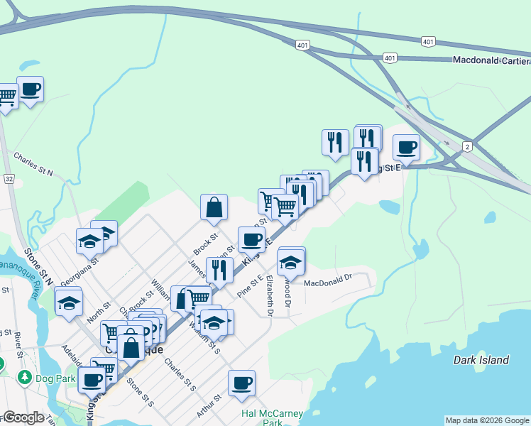 map of restaurants, bars, coffee shops, grocery stores, and more near 540 Talbot Place in Gananoque