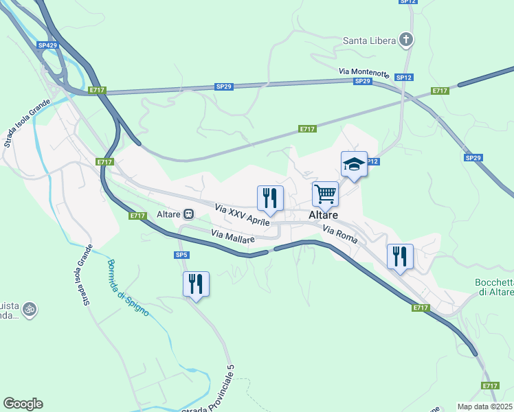 map of restaurants, bars, coffee shops, grocery stores, and more near 36 Via Giuseppe Cesio in Altare