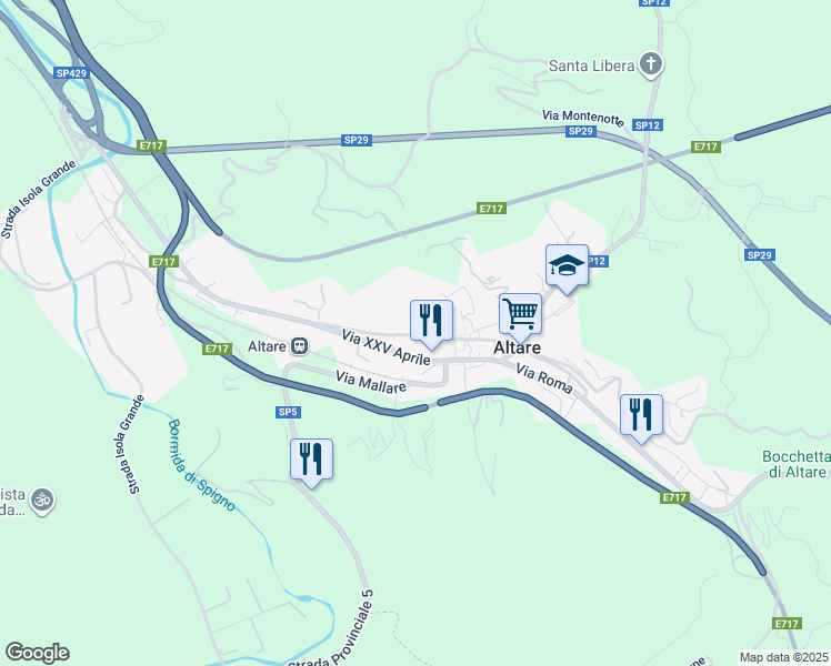 map of restaurants, bars, coffee shops, grocery stores, and more near 36 Via Giuseppe Cesio in Altare