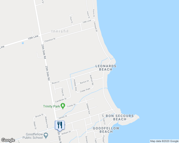 map of restaurants, bars, coffee shops, grocery stores, and more near 678 Rose Lane in Innisfil