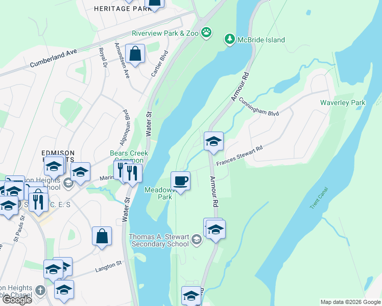 map of restaurants, bars, coffee shops, grocery stores, and more near 1121 Armour Road in Peterborough