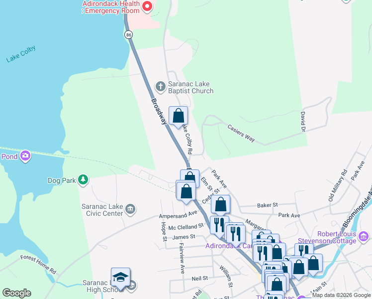 map of restaurants, bars, coffee shops, grocery stores, and more near 31 Old Lake Colby Road in Saranac Lake