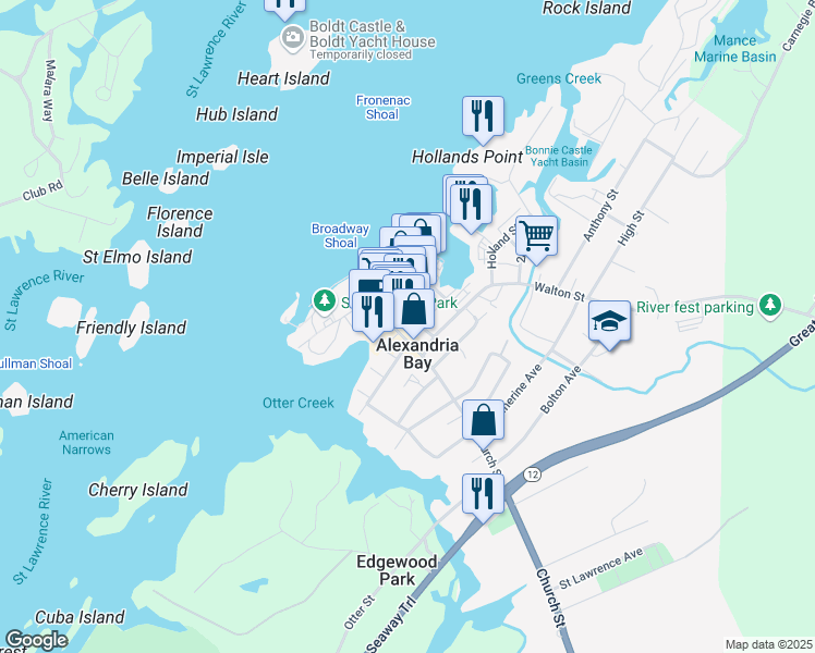 map of restaurants, bars, coffee shops, grocery stores, and more near 7 Market Street in Alexandria Bay