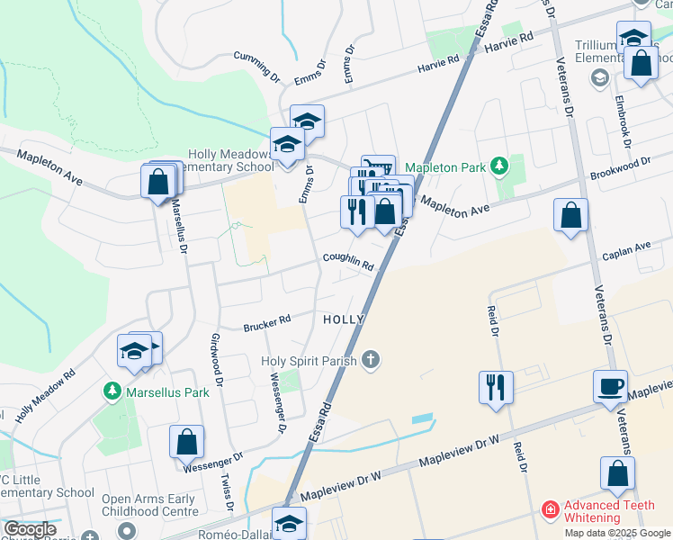 map of restaurants, bars, coffee shops, grocery stores, and more near 91 Coughlin Road in Barrie