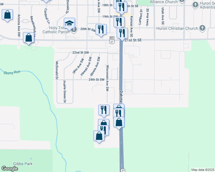 map of restaurants, bars, coffee shops, grocery stores, and more near 14-72 24th Street Southwest in Huron