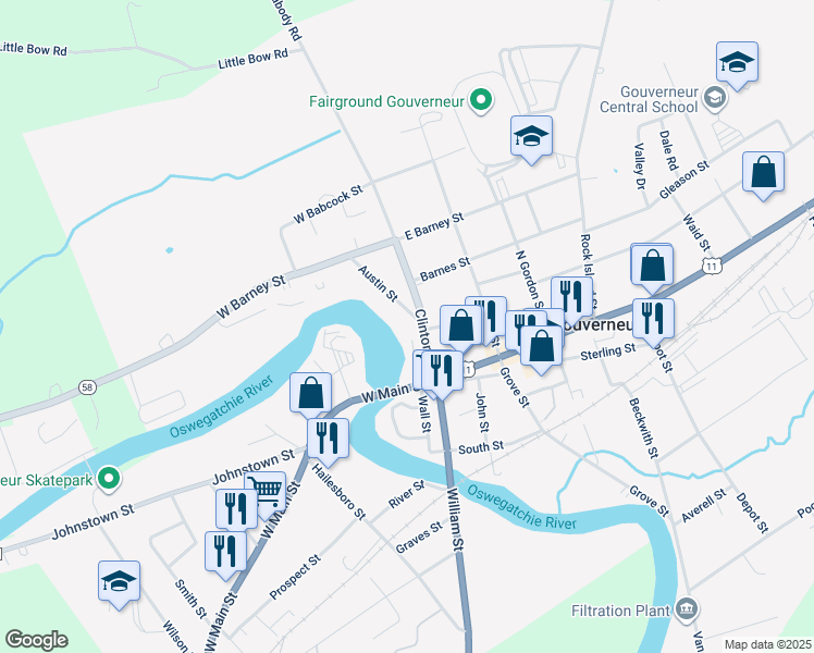 map of restaurants, bars, coffee shops, grocery stores, and more near 5 Austin Street in Gouverneur
