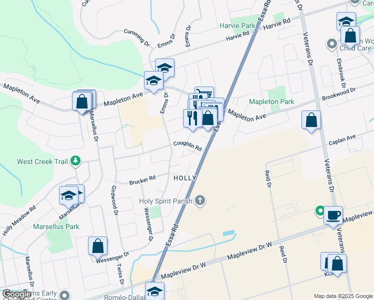 map of restaurants, bars, coffee shops, grocery stores, and more near 91 Coughlin Road in Barrie